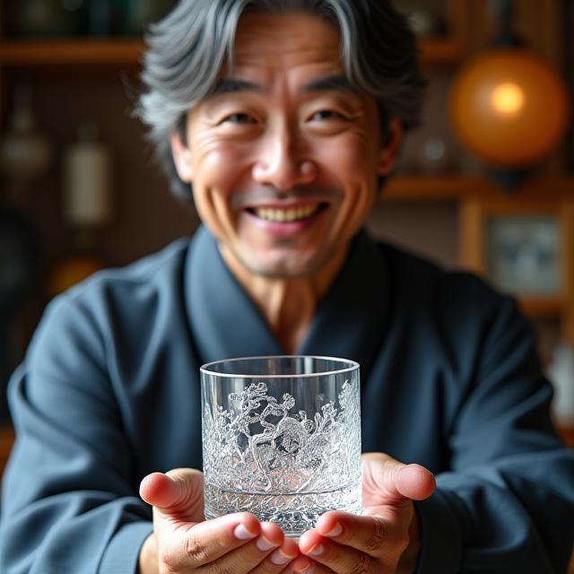 江戸切子の作品を手に持つ佐藤健司氏
