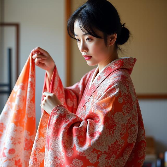 京友禅の着物を広げる田中友希氏