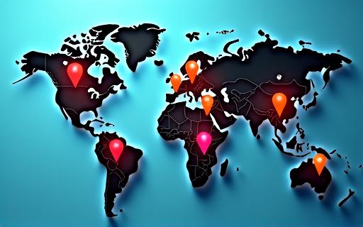 世界地図と複数のピン